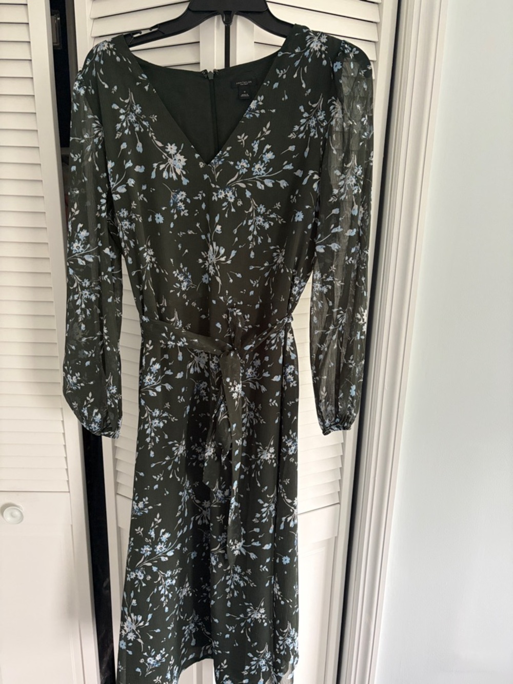 Ann Taylor Factory Dark Olive Green Floral Tie-Waist Midi Dress